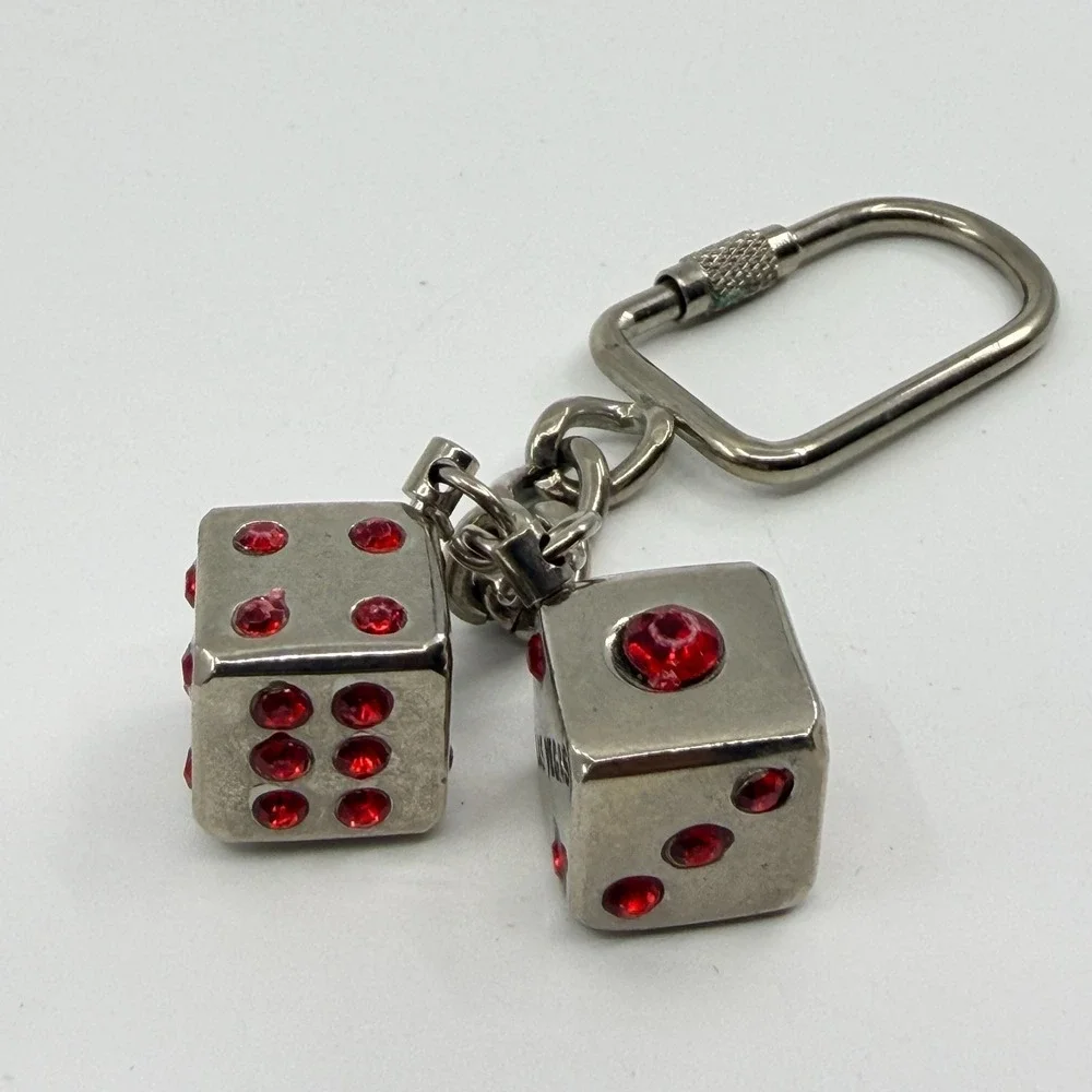 Las Vegas Red Rhinestone Dice Keychain Silver Tone Casino Gambling Souvenir